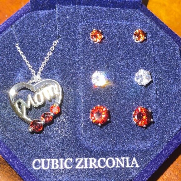 Silver Plate red & clear Cubic Zirconia Heart Necklace and Stud Earring Set - Picture 2 of 3
